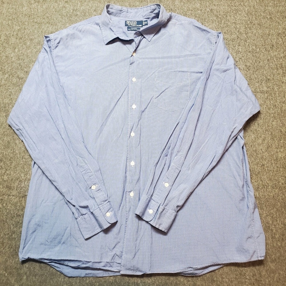 Vintage Polo Ralph Lauren Chapman Shirt Mens 2XL Blue Plaid Check Two Ply Cotton